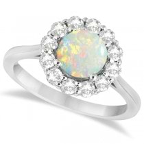 Halo Diamond Accented and Opal Lady Di Ring 14K White Gold (2.14ct)