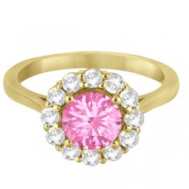 Halo Diamond Accented and Pink Tourmaline Lady Di Ring 18k Yellow Gold (2.14ct)