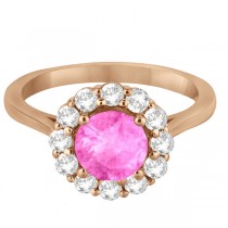 Halo Diamond Accented and Pink Sapphire Lady Di Ring 14K Rose Gold (2.14ct)