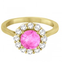 Halo Diamond Accented and Pink Sapphire Lady Di Ring 14K Yellow Gold (2.14ct)