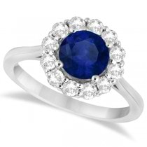Halo Diamond Accented and Blue Sapphire Ring 14K White Gold (2.14ct)