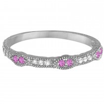 Vintage Stacking Diamond & Pink Sapphire Ring Band 14k White Gold (0.15ct)