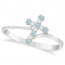 Diamond & Aquamarine Religious Cross Twisted Ring 14k White Gold (0.10ct)