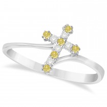 White & Yellow Diamond Religious Cross Twisted Ring 14k White Gold (0.10ct)
