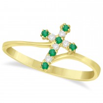 Diamond & Emerald Religious Cross Twisted Ring 14k Yellow Gold (0.10ct)