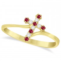 Diamond & Ruby Religious Cross Twisted Ring 14k Yellow Gold (0.10ct)