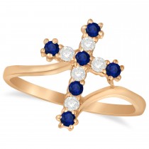 Diamond & Blue Sapphire Religious Cross Twisted Ring 14k Rose Gold (0.33ct)