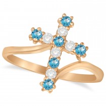 Diamond & Blue Topaz Religious Cross Twisted Ring 14k Rose Gold (0.33ct)