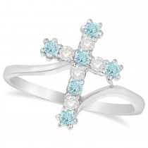 Diamond & Aquamarine Religious Cross Twisted Ring 14k White Gold (0.33ct)