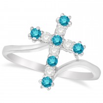 Blue & White Diamond Religious Cross Twisted Ring 14k White Gold (0.33ct)