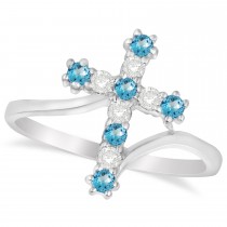 Diamond & Blue Topaz Religious Cross Twisted Ring 14k White Gold (0.33ct)