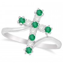 Diamond & Emerald Religious Cross Twisted Ring 14k White Gold (0.33ct)
