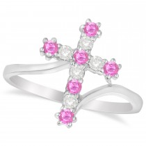 Diamond & Pink Sapphire Religious Cross Twisted Ring 14k White Gold (0.33ct)