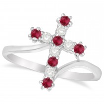 Diamond & Ruby Religious Cross Twisted Ring 14k White Gold (0.33ct)