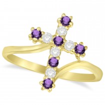 Diamond & Amethyst Religious Cross Twisted Ring 14k Yellow Gold (0.33ct)
