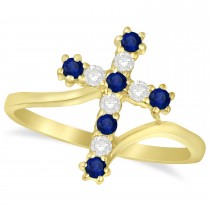Diamond & Blue Sapphire Religious Cross Twisted Ring 14k Yellow Gold (0.33ct)