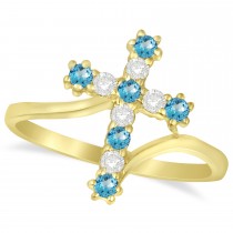 Diamond & Blue Topaz Religious Cross Twisted Ring 14k Yellow Gold (0.33ct)