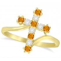 Diamond & Citrine Religious Cross Twisted Ring 14k Yellow Gold (0.33ct)