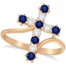 Diamond & Blue Sapphire Religious Cross Twisted Ring 14k Rose Gold (0.51ct)