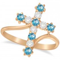 Diamond & Blue Topaz Religious Cross Twisted Ring 14k Rose Gold (0.51ct)