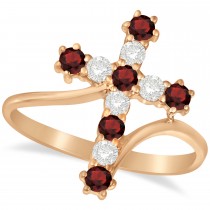 Diamond & Garnet Religious Cross Twisted Ring 14k Rose Gold (0.51ct)