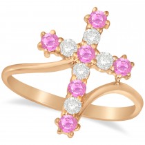 Diamond & Pink Sapphire Religious Cross Twisted Ring 14k Rose Gold (0.51ct)