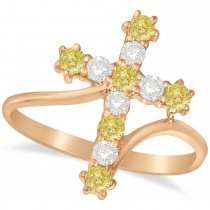 White & Yellow Diamond Religious Cross Twisted Ring 14k Rose Gold (0.51ct)