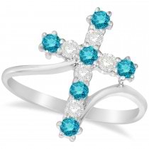 Blue & White Diamond Religious Cross Twisted Ring 14k White Gold (0.51ct)
