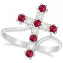 Diamond & Ruby Religious Cross Twisted Ring 14k White Gold (0.51ct)