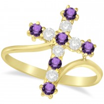 Diamond & Amethyst Religious Cross Twisted Ring 14k Yellow Gold (0.51ct)