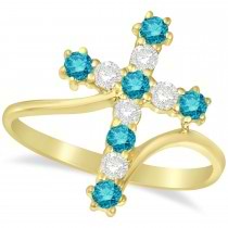 Blue & White Diamond Religious Cross Twisted Ring 14k Yellow Gold (0.51ct)