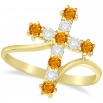 Diamond & Citrine Religious Cross Twisted Ring 14k Yellow Gold (0.51ct)