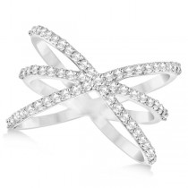 Diamond X Shaped Ring with 3 Orbital Bands 14k White Gold 0.65ct.