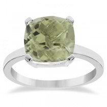 Cushion Solitaire Green Amethyst Ring Sterling Silver (3.70ct)