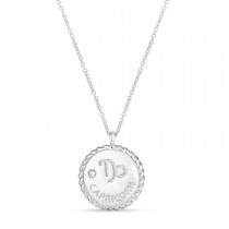 Capricorn Zodiac Diamond Medallion Disk Pendant Necklace 14k White Gold