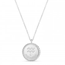 Aquarius Zodiac Diamond Medallion Disk Pendant Necklace 14k White Gold