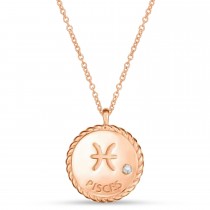 Pisces Zodiac Diamond Medallion Disk Pendant Necklace 14k Rose Gold