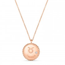 Taurus Zodiac Diamond Medallion Disk Pendant Necklace 14k Rose Gold