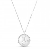 Gemini Zodiac Diamond Medallion Disk Pendant Necklace 14k White Gold