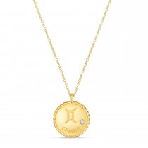 Gemini Zodiac Diamond Medallion Disk Pendant Necklace 14k Yellow Gold