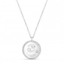Cancer Zodiac Diamond Medallion Disk Pendant Necklace 14k White Gold
