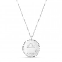 Libra Zodiac Diamond Medallion Disk Pendant Necklace 14k White Gold