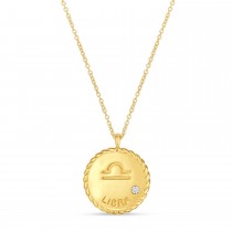 Libra Zodiac Diamond Medallion Disk Pendant Necklace 14k Yellow Gold