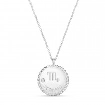 Scorpio Zodiac Diamond Medallion Disk Pendant Necklace 14k White Gold