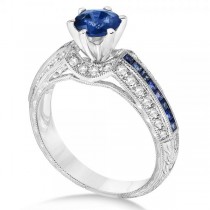 Blue Sapphire and Diamond Engagement ring in 14k White Gold (1.60ct)