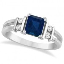 Emerald Cut Blue Sapphire and Diamond Ring 14k White Gold (0.85ct)