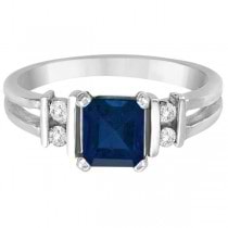 Emerald Cut Blue Sapphire and Diamond Ring 14k White Gold (0.85ct)