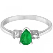 Pear Emerald and Diamond Three Stone Ring 14k White Gold (0.45ct)