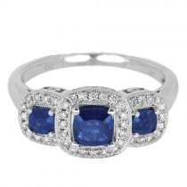 3-Stone Diamond and Blue Sapphire Ring 14k White Gold (1.05ct)
