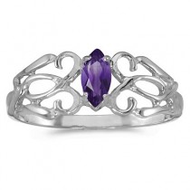 Marquise Amethyst Filigree Ring Antique Style 14k White Gold